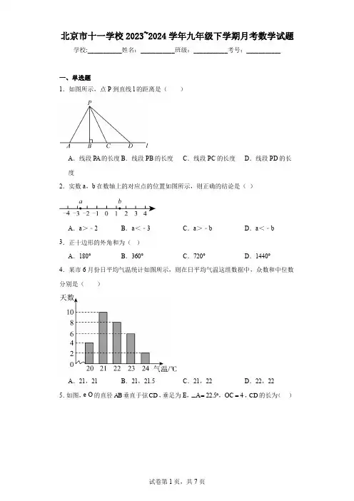 北京市十一学校2023~2024学年九年级下学期月考数学试题
