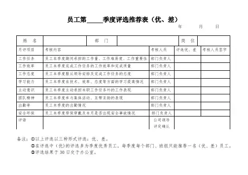 季度评选推荐表