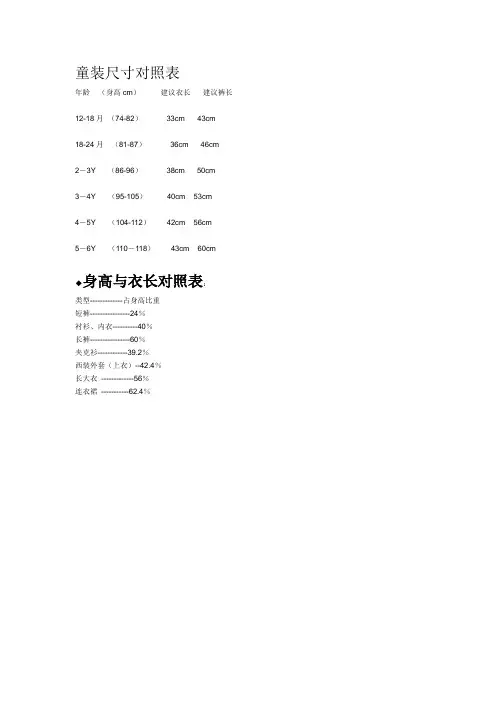 童装尺寸对照表