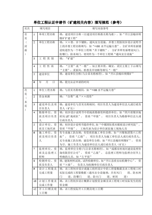 单位工程认证申请书(矿建)填表规范(参考)