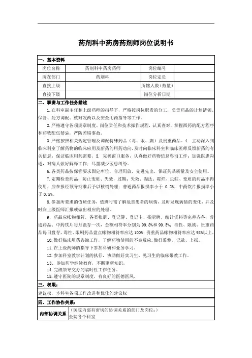 药剂科中药房药剂师岗位说明书