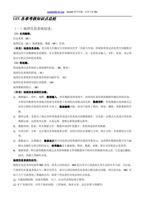 南京师范大学GIS各章考核知识点总结+GIS名词解释+南京师范大学GIS历年考研题(名词解释)答案