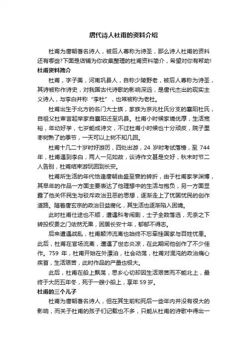 唐代诗人杜甫的资料介绍