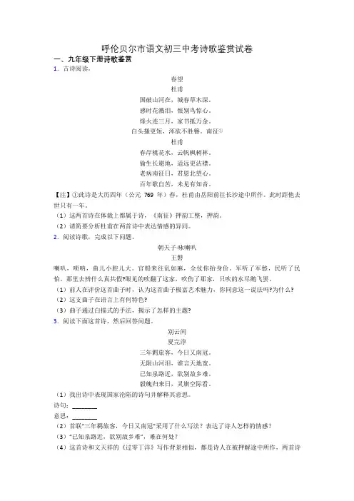 呼伦贝尔市语文初三中考诗歌鉴赏试卷
