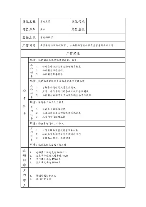 客房主管岗位职责说明书