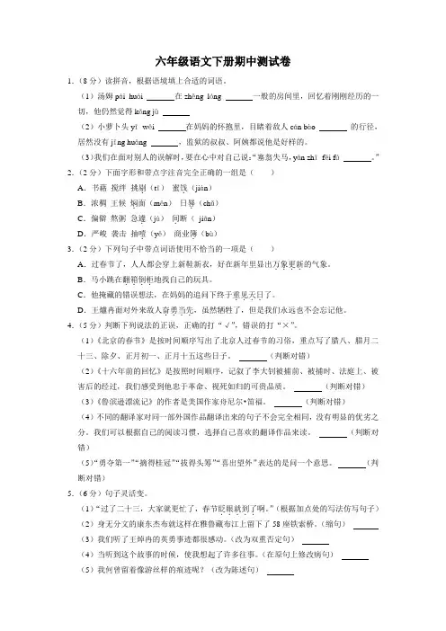 六年级语文下册期中测试卷
