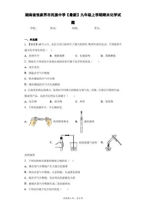 湖南省张家界市民族中学2020-2021学年九年级上学期期末化学试题 答案和解析