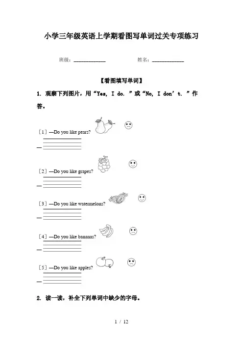 小学三年级英语上学期看图写单词过关专项练习