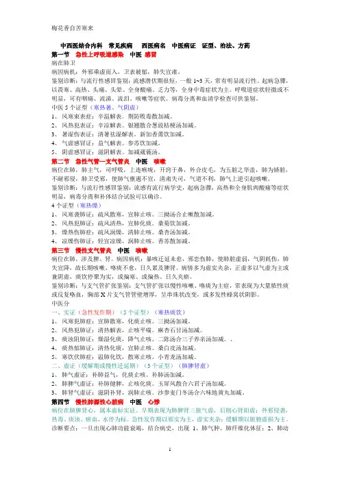 中西医结合内科 中医病证证型