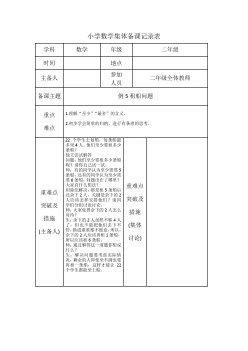 数学二年级下册《租船问题-例5》集体备课 记录表