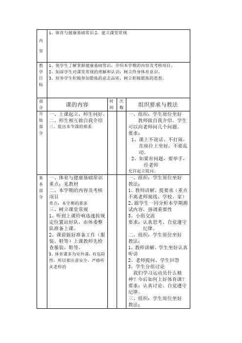 六年级体育室内课教案
