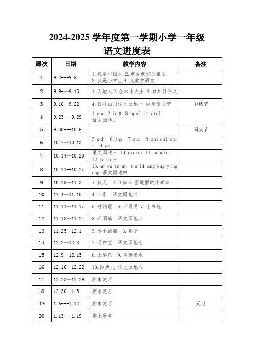 2024-2025学年度第一学期小学一年级语文进度表(2024年新改版)