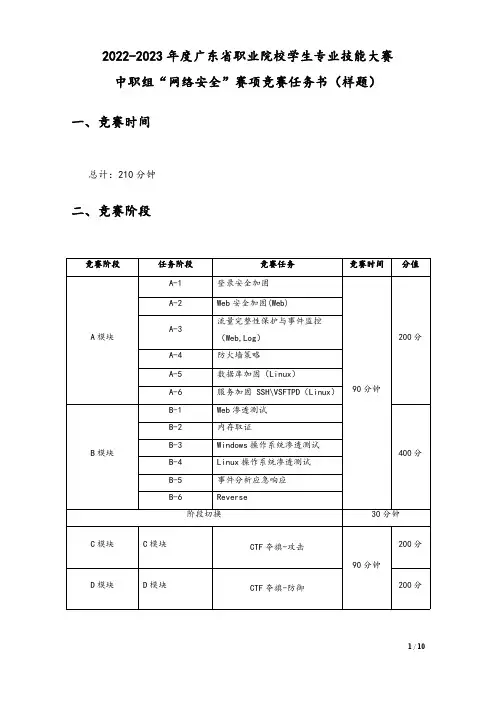 2022-2023年度广东省职业院校学生专业技能大赛中职组“网络安全”赛项竞赛任务书(样题)