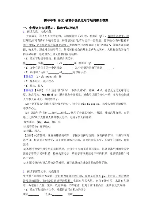 初中中考 语文 修辞手法及运用专项训练含答案