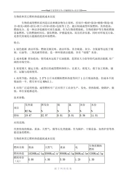 生物质和其它燃料热值能耗成本比较