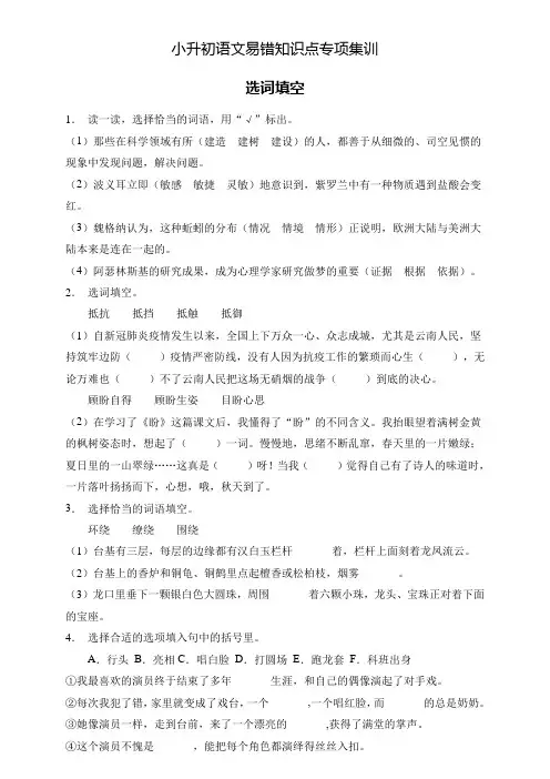 小升初语文易错知识点专项集训A卷-选词填空(试题)部编版语文六年级下册