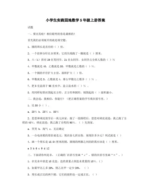 小学生实践园地数学5年级上册答案
