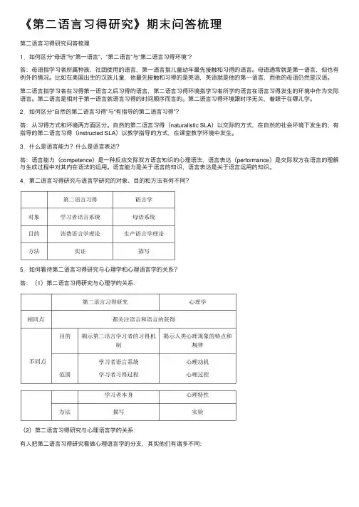 《第二语言习得研究》期末问答梳理