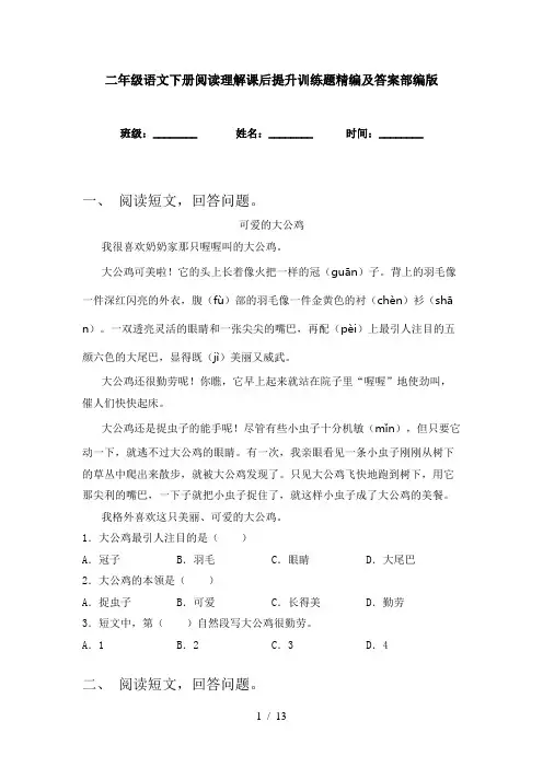 二年级语文下册阅读理解课后提升训练题精编及答案部编版