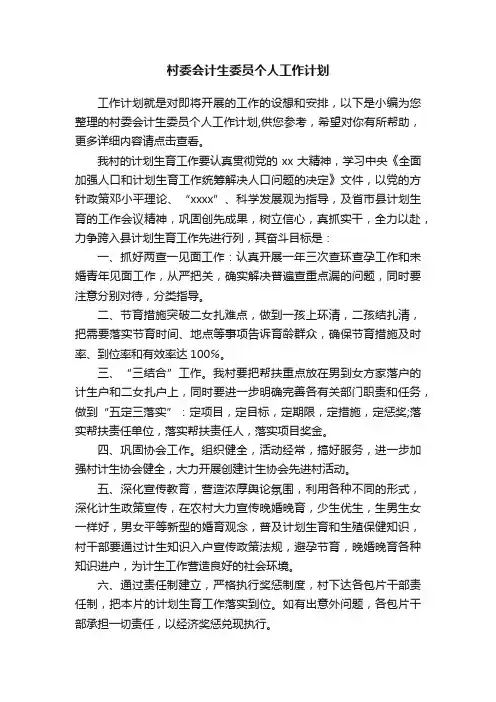 村委会计生委员个人工作计划
