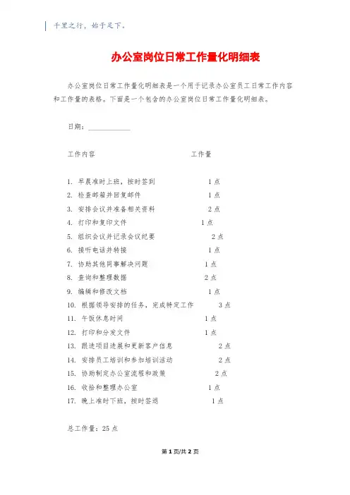 办公室岗位日常工作量化明细表