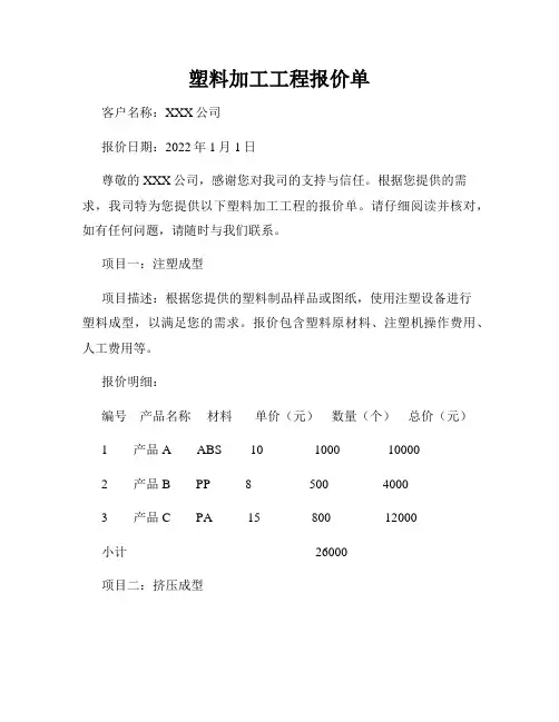 塑料加工工程报价单
