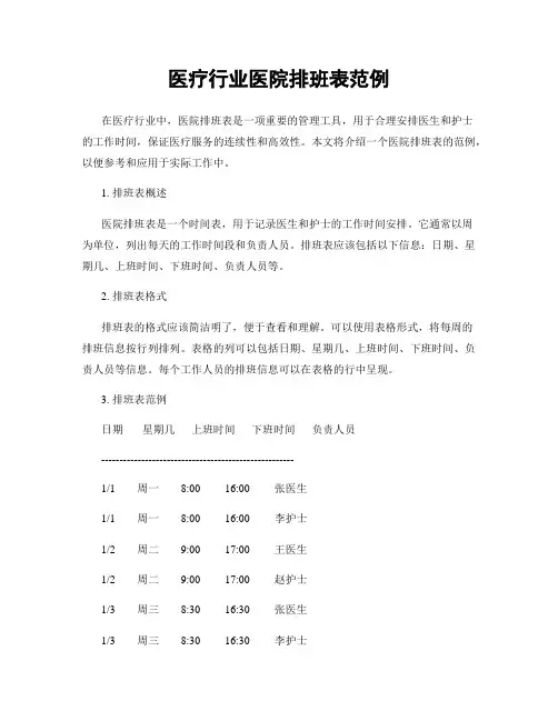医疗行业医院排班表范例