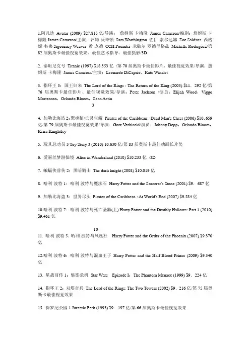 全球最卖座的100部电影 截止至2010年