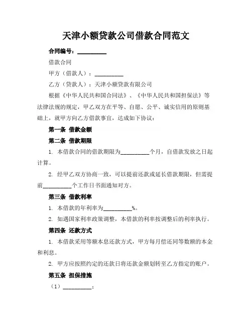 天津小额贷款公司借款合同范文