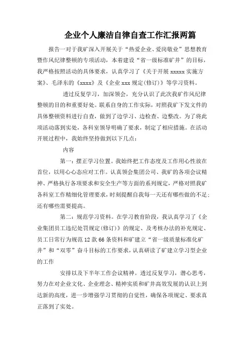 企业个人廉洁自律自查工作汇报两篇