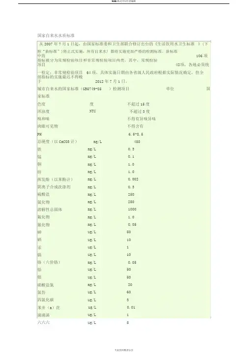 国家自来水水质标准