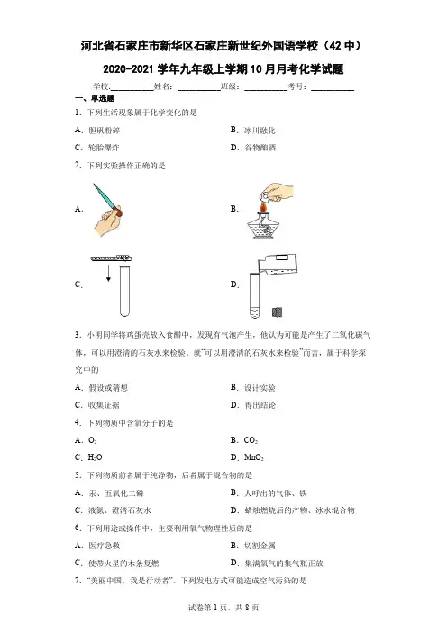 河北省石家庄市新华区石家庄新世纪外国语学校(42中)2020-2021学年九年级上学期月考化学试题
