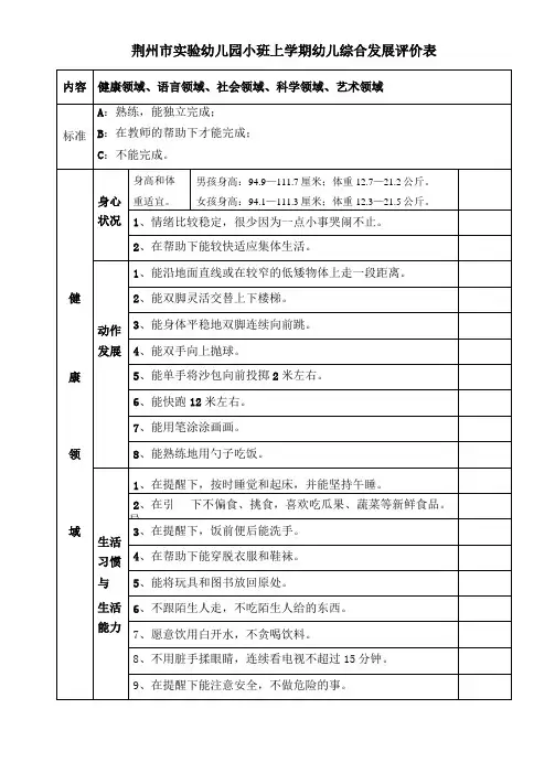 小班幼儿上学期发展评价表正稿