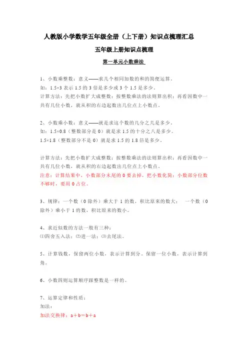 2022年人教版小学数学五年级全册(上下册)知识点梳理汇总