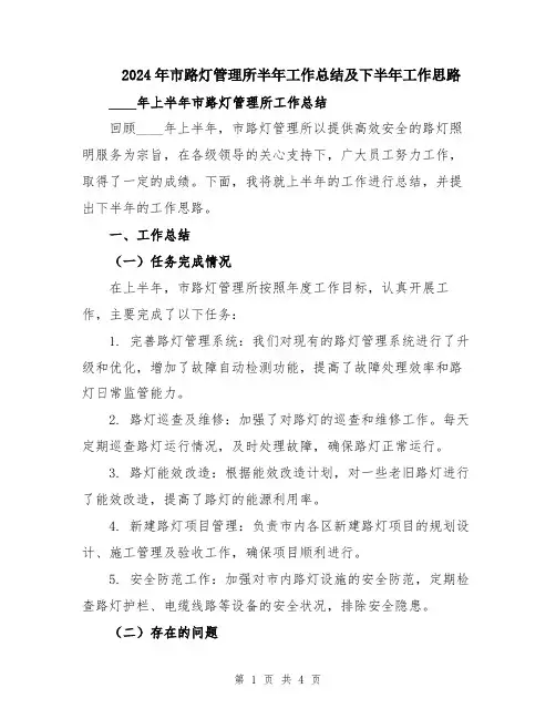 2024年市路灯管理所半年工作总结及下半年工作思路