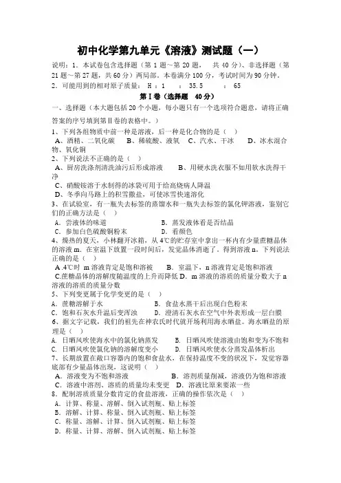 人教版初中化学第九单元溶液单元测试题及答案
