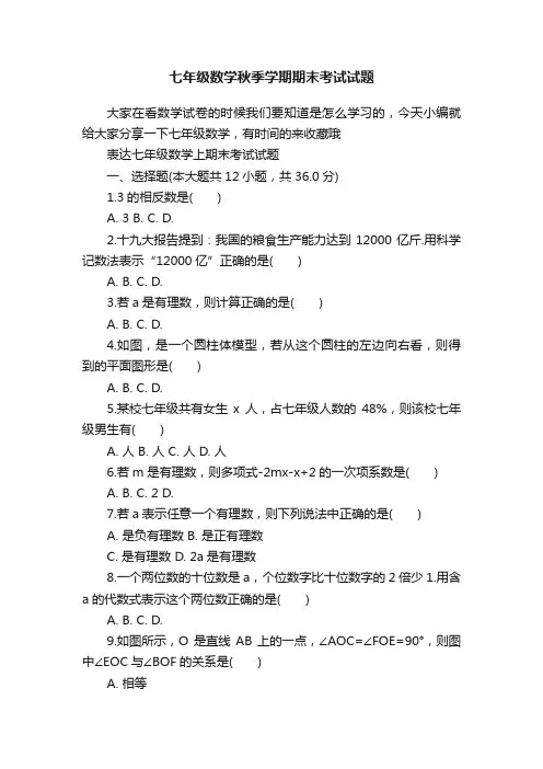 七年级数学秋季学期期末考试试题