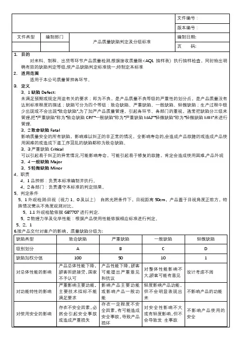 产品质量缺陷判定分级标准