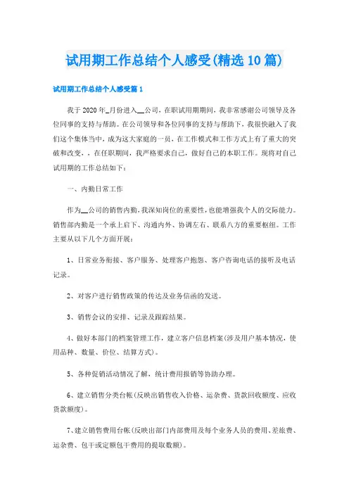 试用期工作总结个人感受(精选10篇)
