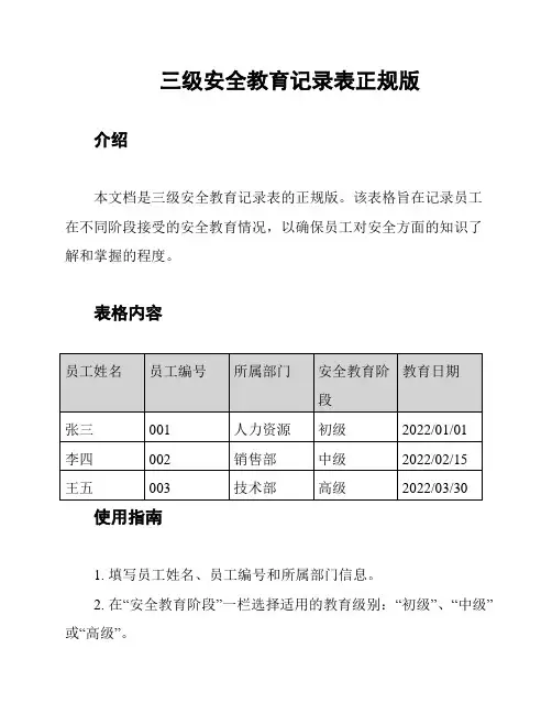 三级安全教育记录表正规版