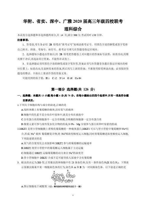 2020年4月8日广东省华附、省实、深中、广雅高2020届高2017级高三年级四校联考理科综合试题