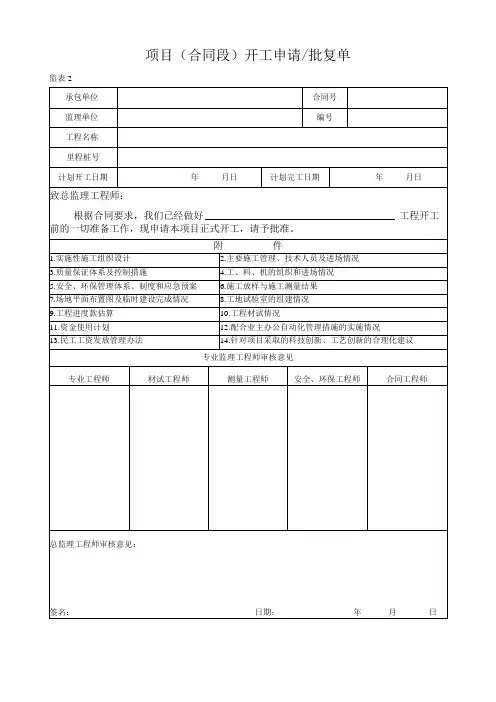 项目(合同段)开工申请批复单
