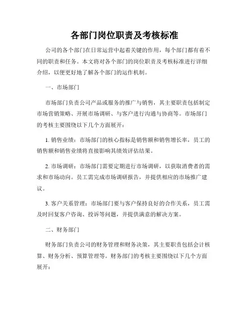 各部门岗位职责及考核标准