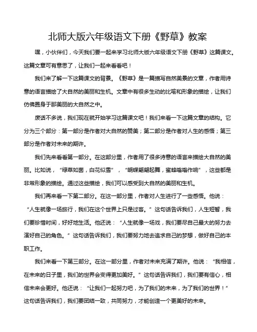 北师大版六年级语文下册《野草》教案