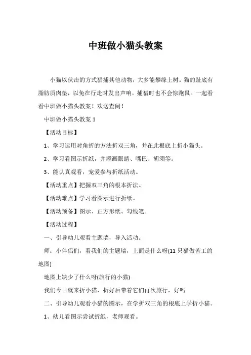 (幼儿园教案)中班做小猫头教案