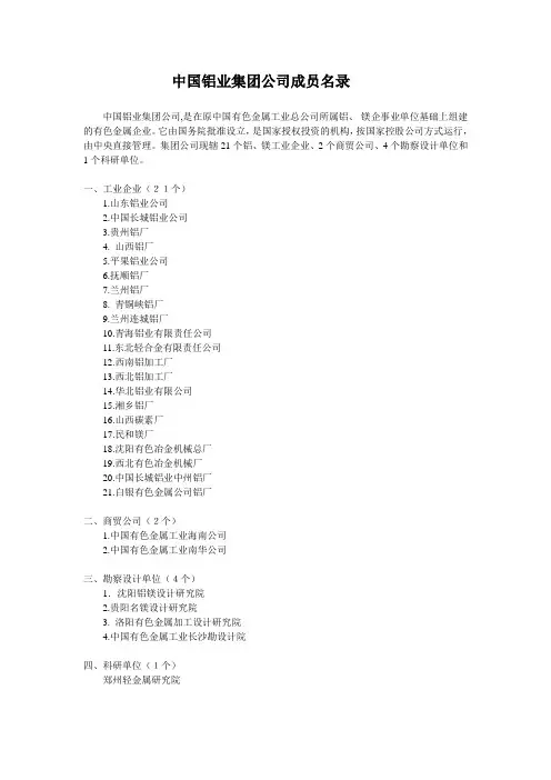 中国铝业集团公司成员名录