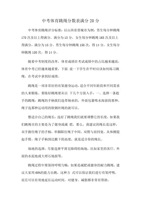 中考体育跳绳分数表满分20分