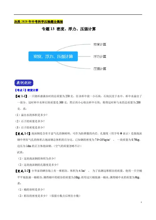 专题13 密度、浮力、压强计算--决胜2020年中考物理压轴题全揭秘(原卷版)