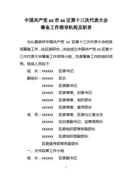 党代会筹备工作分组及职责(建议名单)
