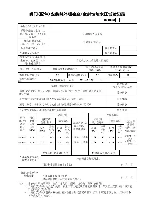 阀门(配件)安装前外观检查密封性能水压试验记录